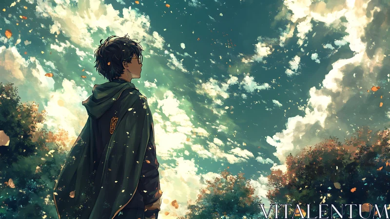 Cloaked dreamer under leafbright skies of wandering clouds.
