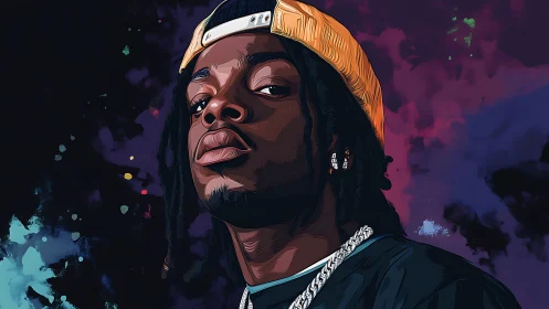 Stylized portrait of man in cap against neon nebula sky.