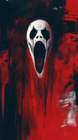 Elongated white skull mask on abstract red black field.
