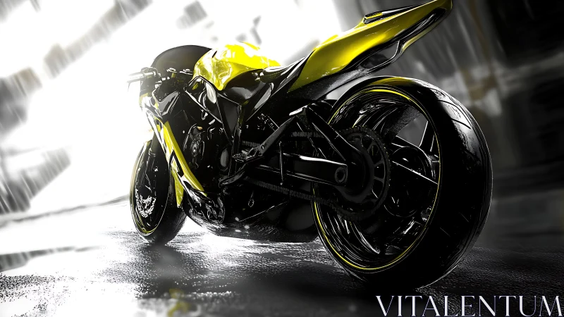 Yellow superbike on wet asphalt under dramatic backlight.