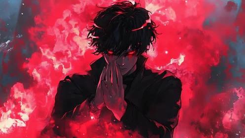 Brooding sorcerer gathers crimson power in a burning haze