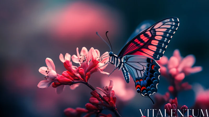 Neon dusk butterfly sipping secrets from coral blossoms.