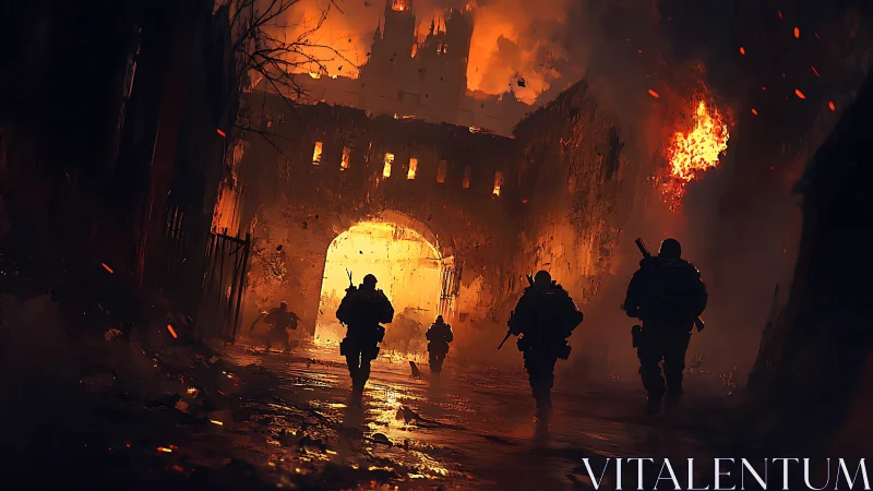 Firelit siege run through a crumbling city gate at dusk.