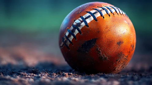 Weathered leather football on muddy field in shallow focus.
