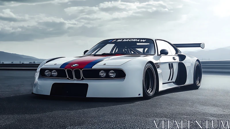Low white BMW race car with M stripes on open racetrack.