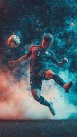 Bicolor atmospheric soccer volley with dynamic particle dispersion.