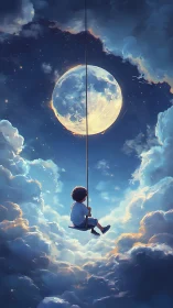 Child on suspended swing facing large moon in clouded sky.