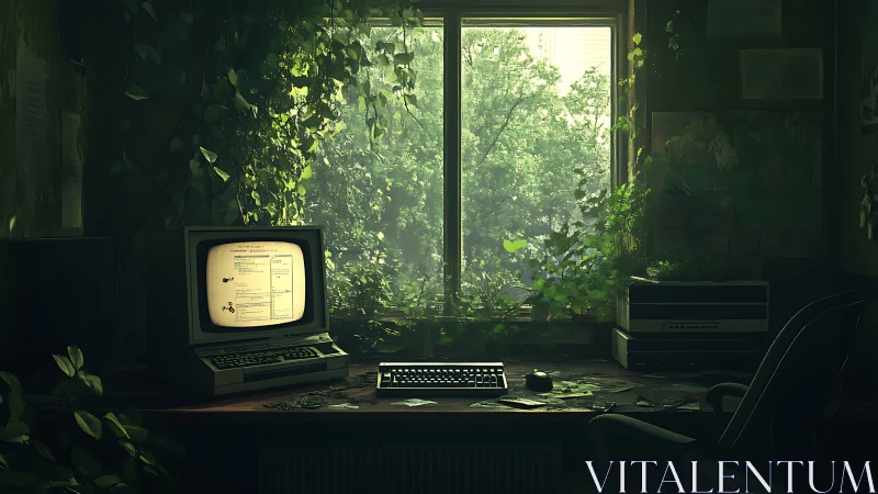 Retro terminal glows in overgrown office facing verdant window