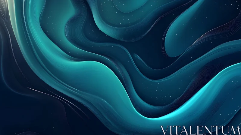 Fluid teal waveforms on deep space gradient background.