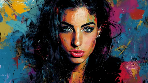 High-saturation digital portrait of woman with abstract brushwork