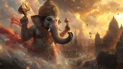 Colossal Ganesha strides through emberlit temple clouds.