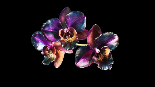 Iridescent Orchid Blooms on Black: Chiaroscuro Study.