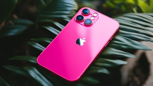 Vibrant Pink iPhone on Tropical Leaves.