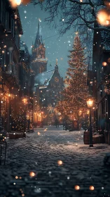 Snowy European street with church and lit Christmas tree.