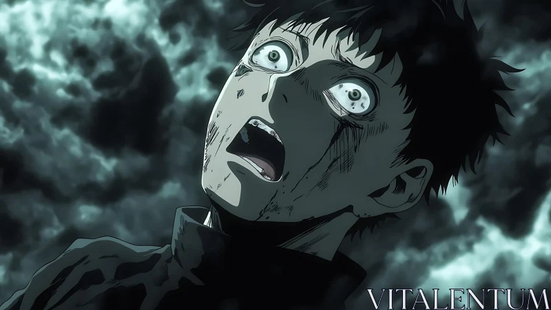 Anime character close-up against turbulent cloudy sky.