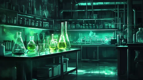 Emerald-lit chemical laboratory interior with glowing glassware.