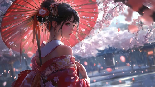Kimono-clad woman under parasol rendered in soft anime lighting