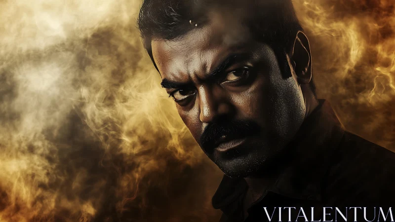 Intense man&rsquo;s portrait framed by swirling golden smoke.