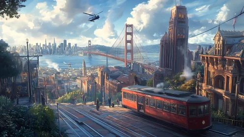 Cable car glides through a storybook sunrise over the bay