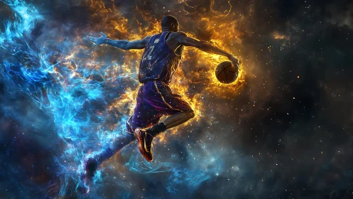 Dynamic basketball dunk framed by blue and orange energy.