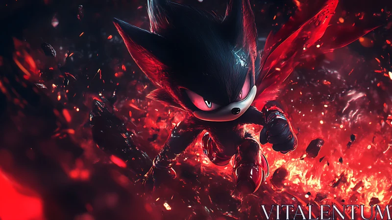 Dark hedgehog character runs through fiery exploding debris