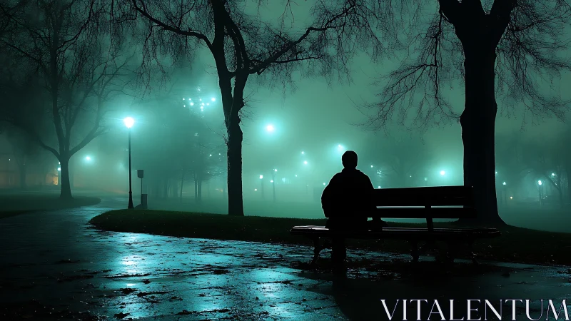 Nocturnal park silhouette in cinematic fog-lit composition.