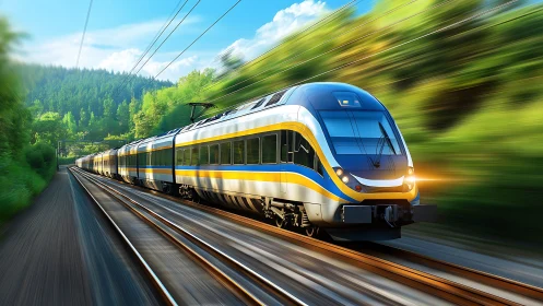 Electric high speed train traverses dual tracks in forest corridor