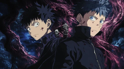 Dual cursed prodigies standing against a writhing void storm.