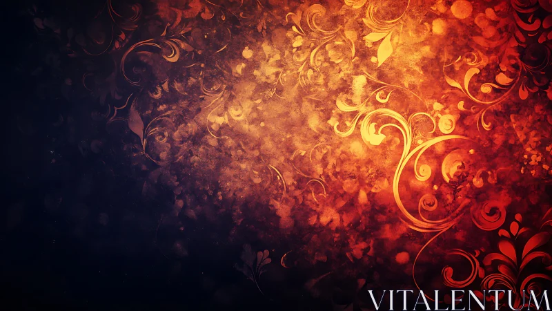 Ornamental floral swirls on dark red textured background.