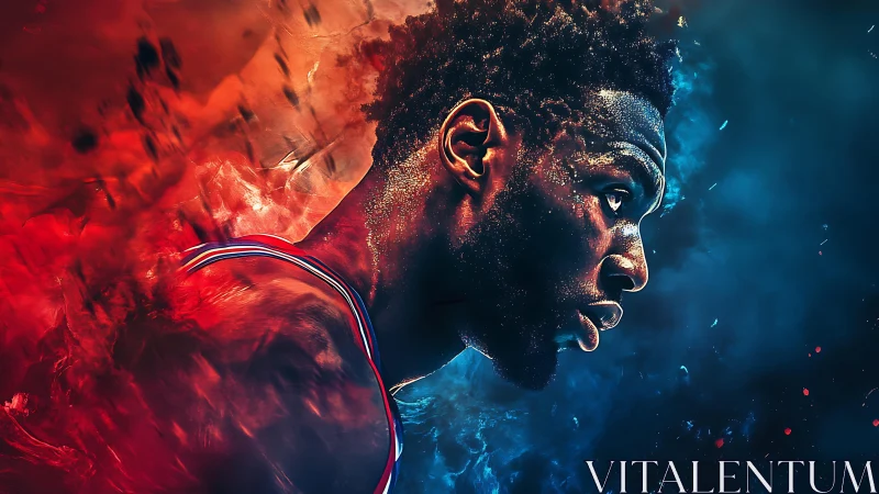 Fire and ice portrait of focused basketball warrior in motion.