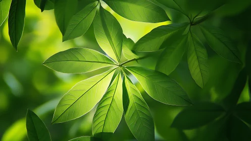 Sunlit leaf spokes quietly sketch a green cathedral roof