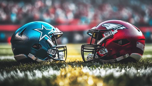 Opposing football helmets aligned on turf at midfield.