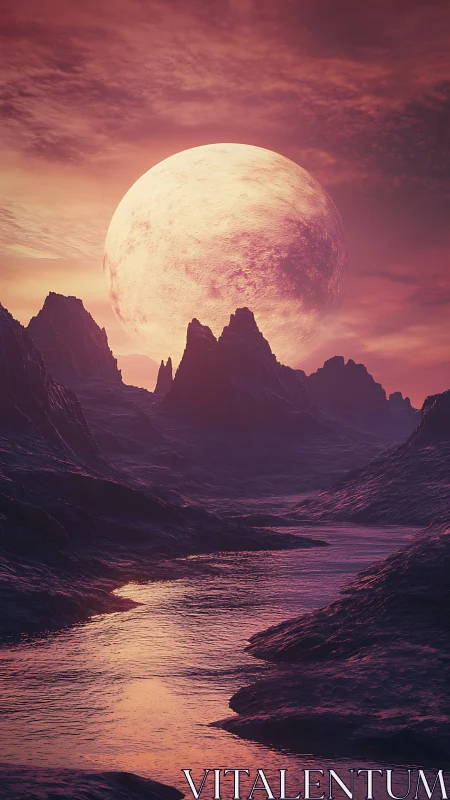 Luminous alien moon rises over tranquil violet river valley
