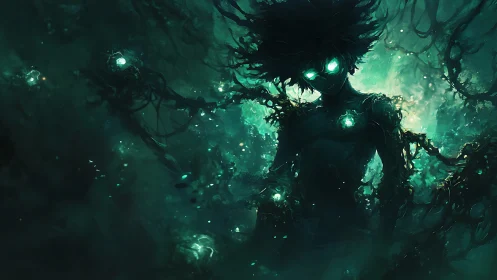 Luminous forest spirit stepping from a glowing dream storm.