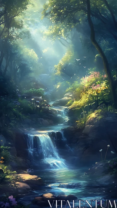 Luminescent Forest Cascade: Chiaroscuro Study of Sylvan Waterscape.