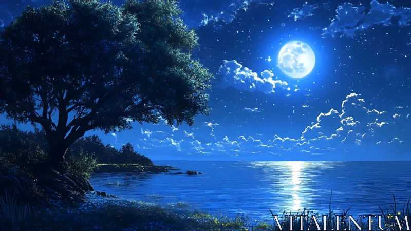 Coastal shoreline under full moonlight with silhouetted tree.