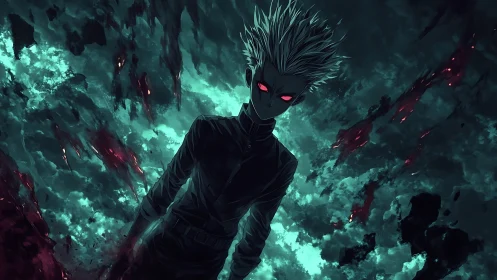 Dark anime figure commands a storm of teal and crimson energy.