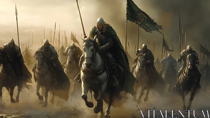 Galloping elven cavalry charging through stormlit battlefield.