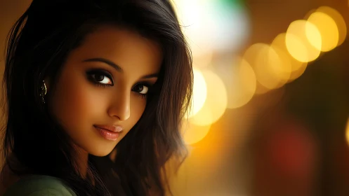 Cinematic close-up portrait with warm bokeh lighting focus.