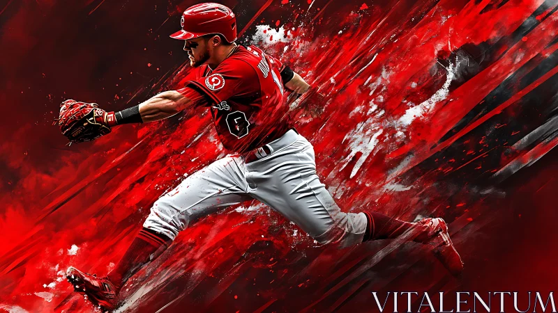 Blazing red baseball sprint frozen in swirling motion storm.