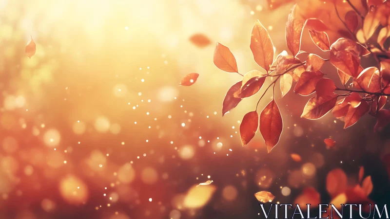 Autumn foliage with warm bokeh and drifting particles.