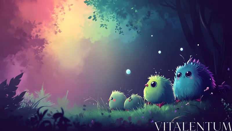 Adorable Cartoon Chicks in a Magical Forest, Soft Pastel Colors.