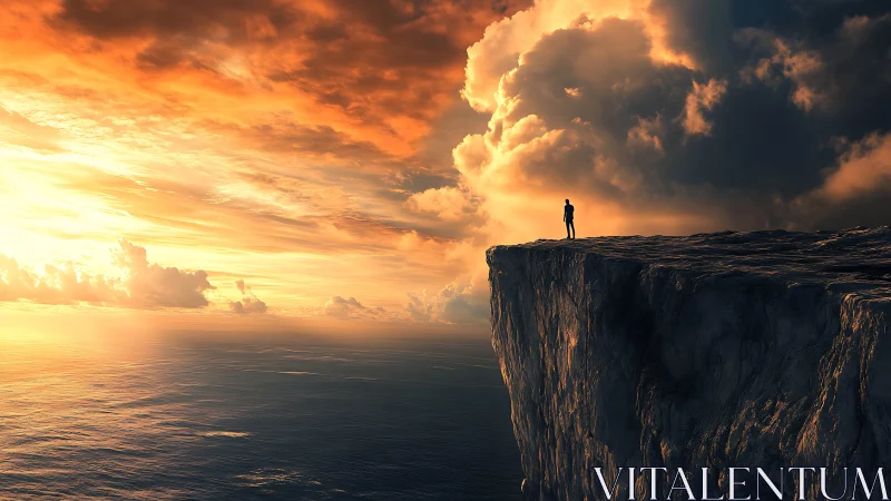 Sunlit wanderer pauses on a vast cliff above the glowing sea