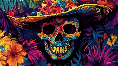 Chromatic calavera portrait integrates floral motifs with saturated contrast