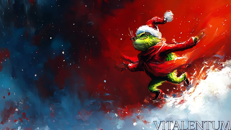 Whimsical green creature skating through abstract snowstorm.