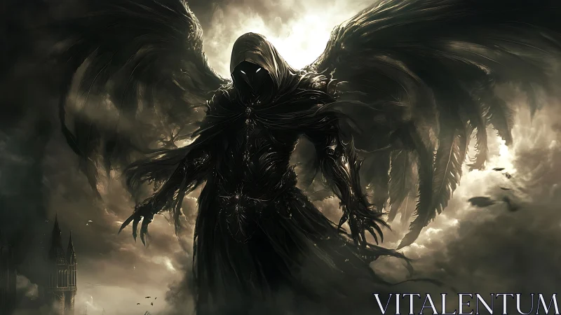 Midnight serif angel descends in storm-torn heavens.