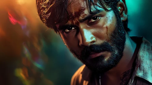 Intense bearded hero framed by moody cinematic lights.