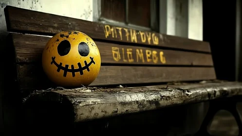 Weathered bench holds scuffed yellow ball with stitched smile face