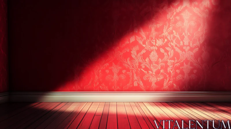 Raked sunlight across red damask wall and hardwood floor.