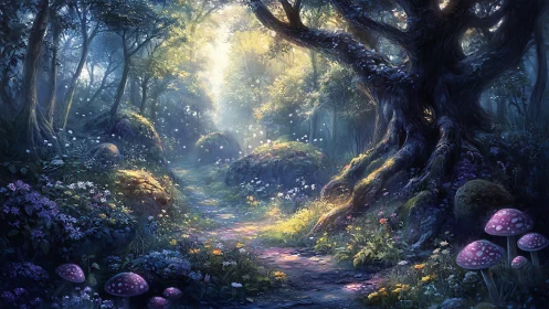Enchanted Forest Path with Luminous Trees and Magical Fungi.